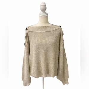 C’isa M Beige Knit Sweater Boat Neck Button Shoulder Cozy Oversized